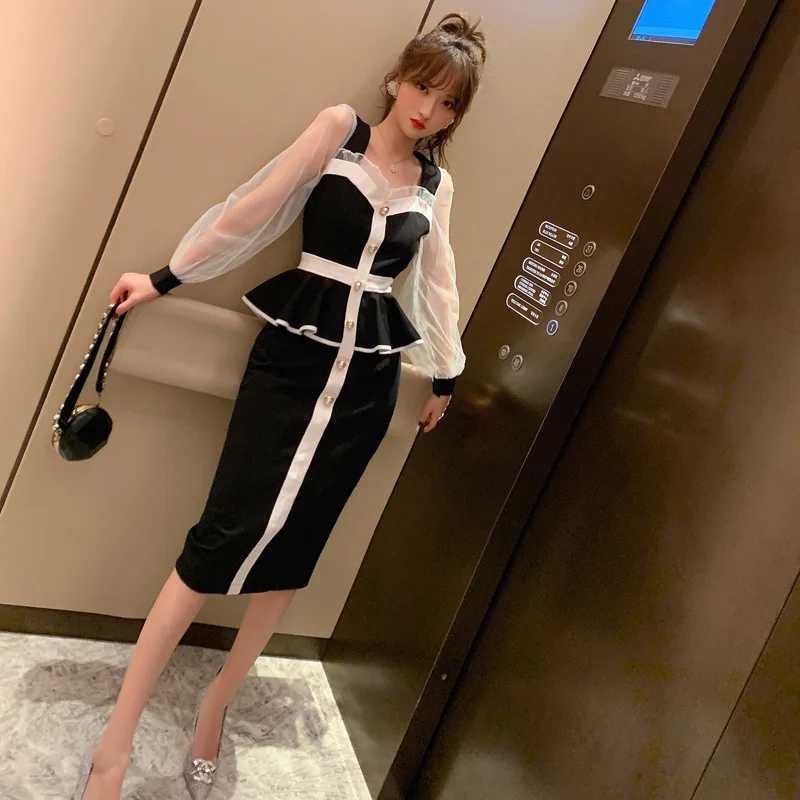 

2020 New Spring Black Ladies Dresses Long Sleeve Corset Mesh Patchwork Evening Sun Dress Women Contrast Long Summer Dress Ladies