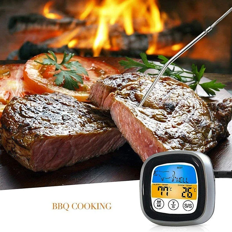

Kitchen Digital Timer Temperature Alarm Probe Large Touch Screen Wireless BBQ Thermometer Countdown Magnet