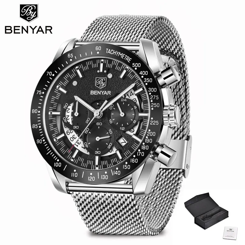 Silver Новинка, мужские часы BENYAR, повседневные, с сетчатым ремешком, модные наручные часы для мужчин, s, Роскошные, кварцевые, с хронографом, водонепроницаемые часы, Relogio Masculino - Цвет: Silver