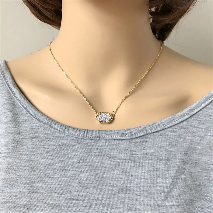 G silvery 20 опций Druzy Кулон из друзы ожерелье Шестигранная Смола Druse Серебро Золото Цвет цепи воротник модный бренд ювелирные изделия для женщин девушка подарок - Окраска металла: G silvery