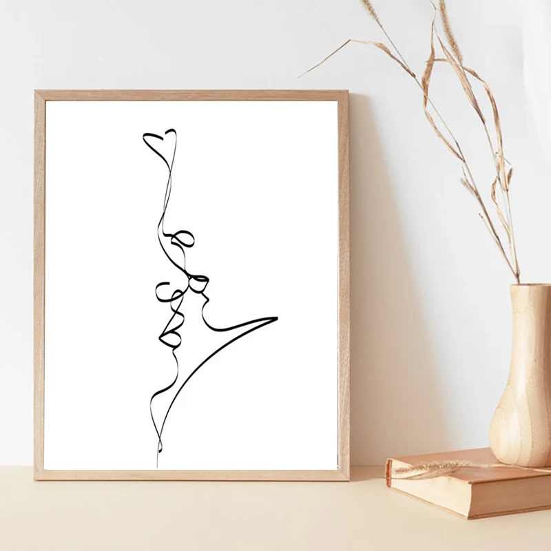 

Abstract Couple Kiss Single Line Drawing Print Love Black White Poster Wall Art Canvas Painting Decor Romantic Gifts Bedroom