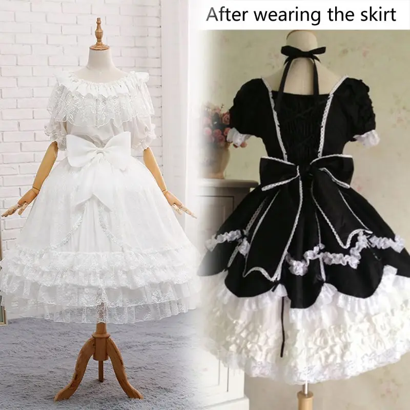 

Women Tiered Ruffled Floral Lace 3 Hoops Petticoat Crinoline Skirt Layered Big Bowknot Sweet Lolita Underskirt Half Slip