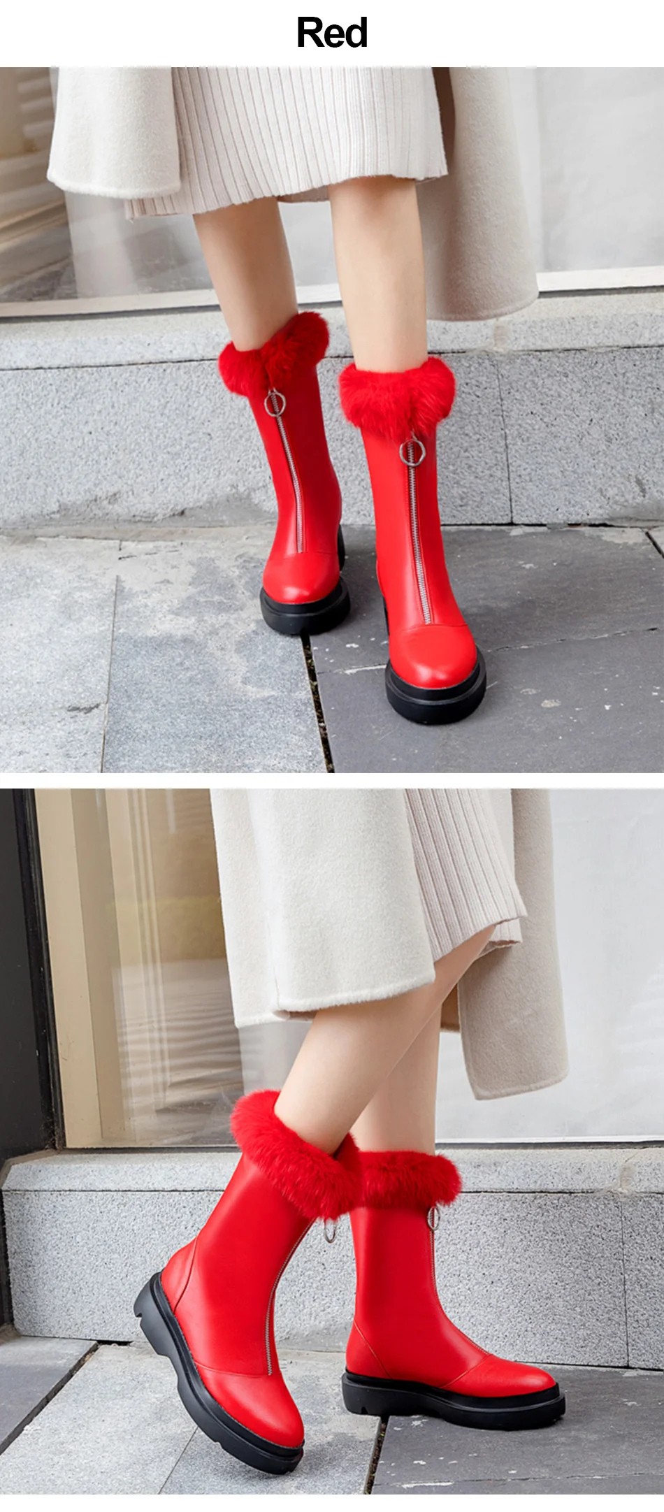Gdgydh Long Plush Inside Leather PU Snow Boots Plush Boots Women Warm Natural Fur Winter Boots Female With Zipper High Quality