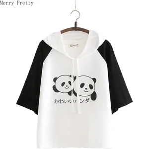 Женские Забавные футболки с мультяшным принтом панды с ушками на капюшоне 2020 летняя хлопковая футболка с капюшоном повседневные милые футболки с коротким рукавом