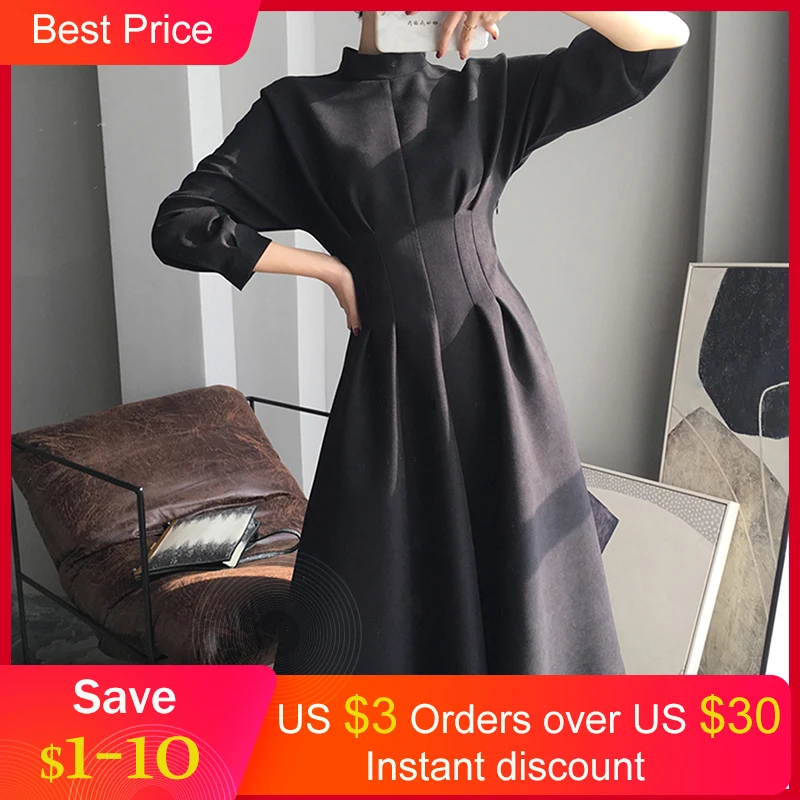 

Fall Korean Style Elegant Stand Collar Vintage Expansion Black Women Midi Dresses High Waist Pullover Chic Office lady Dresses