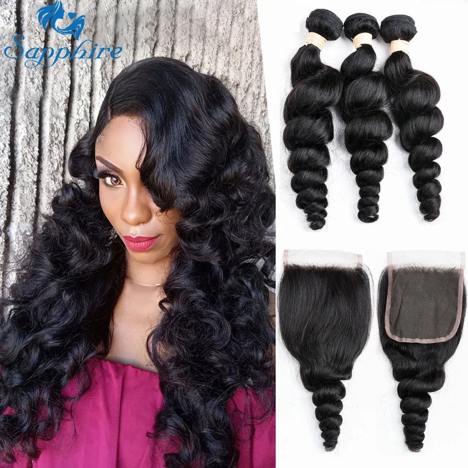 Сапфировые свободные волнистые пучки с застежкой 3 пряди бразильских волос