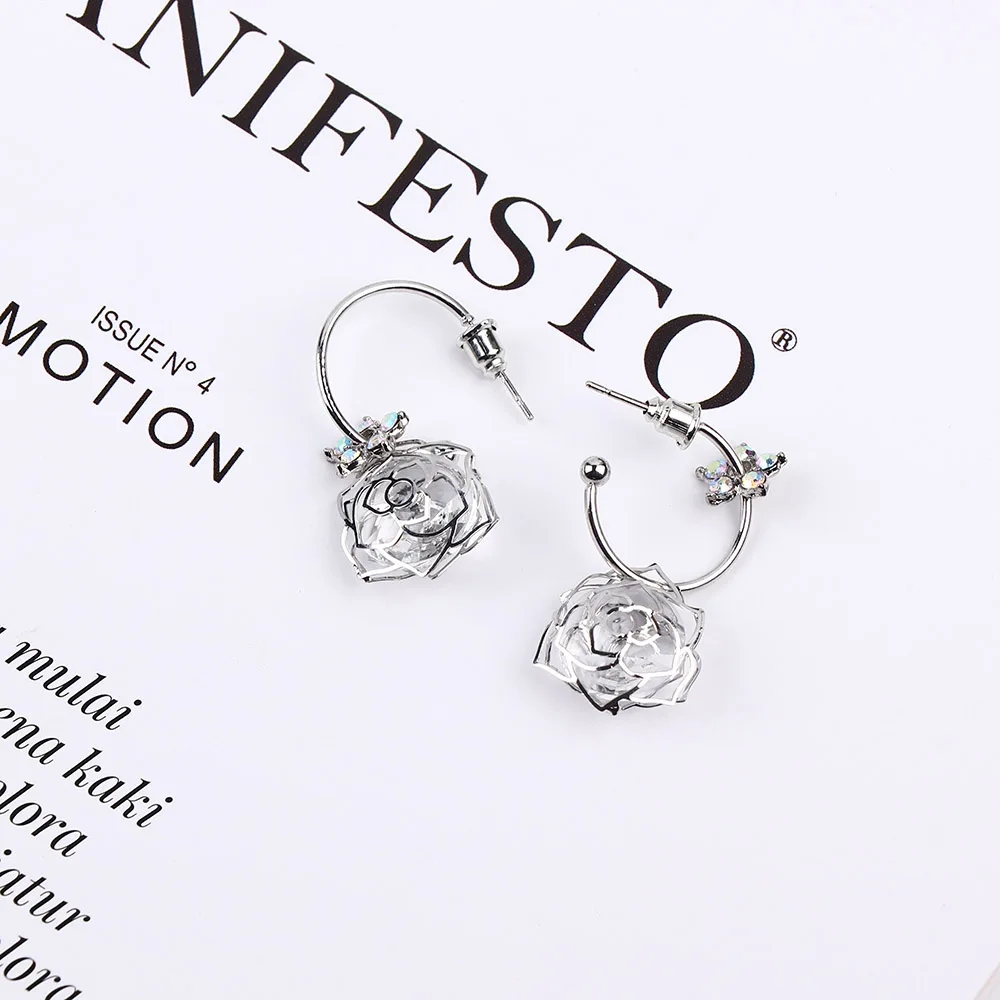 Shiny Fashion Earring Jewelry Rhinestone Rose Drop Earrings For Women Korea Hollow Crystal Flower 1 Pai | Украшения и аксессуары