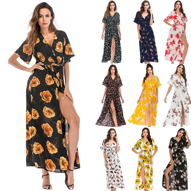 

Beach Dress Long V-Neck Chiffon Robe Longue Femme Tank Jurk Boho Maxi Vestido De Manga Curta Floral Bohemian Women Clothing2021