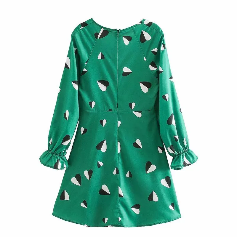 Женское элегантное зеленое мини-платье с принтом длинным рукавом и v-образным