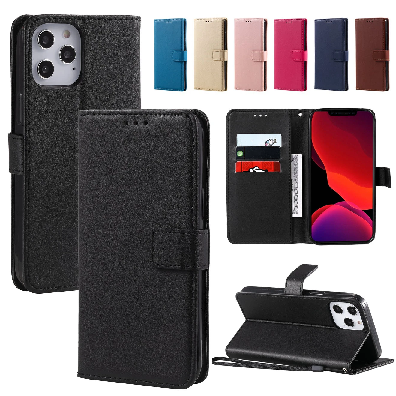 Сплошной цвет кожаный чехол бумажник для iPhone 11 Pro 12 мини XS MAX X XR 5 5S SE 2 2020 4 4S 5C 6 6S 7 8