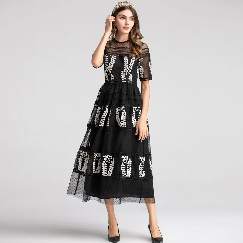 

2021 Long Dress Spring Summer Dress Crew Neck Short Sleeve Embroidery Black Mesh Fashion Womens Clothes