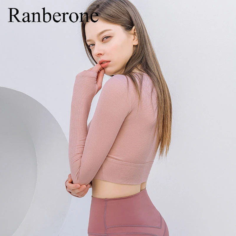 Ranberone Korean Style Yoga Clothes Long Sleeved Sports Top Fitness Clothes Women T-shirt With Chest Pad Fitness Gym Sportswear