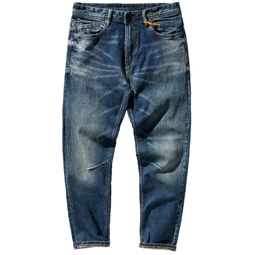 

Japanese-Style Retro Jeans Men 's Autumn and Winter Thick Stretch Worn Looking Washed-out Straight -Leg Denim Trousers