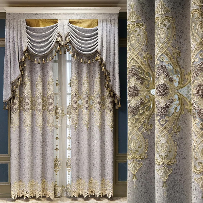 

Chenille Flocking Embroidered Blackout Curtains European Style Stitching Finished Custom Curtains for Living Dining Room Bedroom