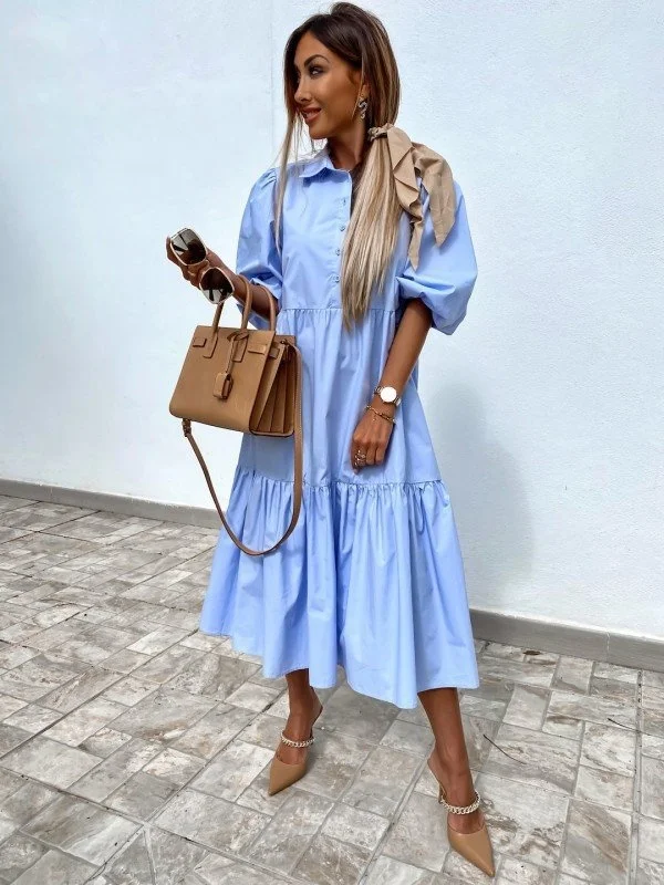 

2021 Spring Summer Loose Women Party Dress Sexy Turn-down Collar Office Lady Dress Sleeve Solid Long Dress 2XL