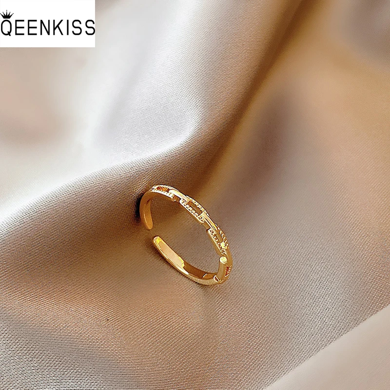 

QEENKISS RG783 Fine Jewelry Wholesale Fashion Trendy Woman Girl Birthday Wedding Gift Hollow Chain Open Zircon 18KT Gold Ring