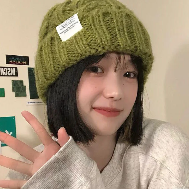 

Green Knitted Hat Hemp Wool Hat Women's Autumn and Winter Ear-protecting Hat