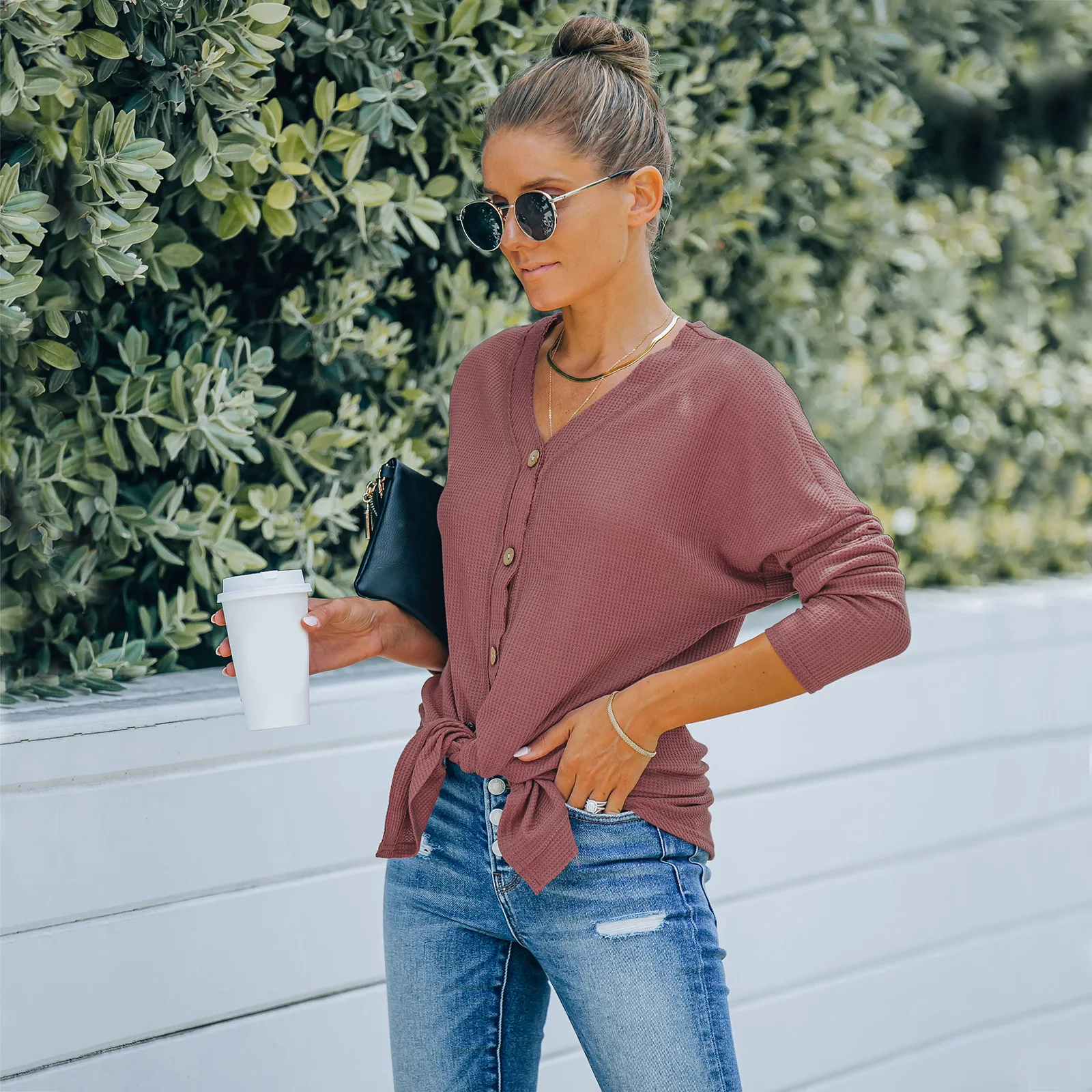 

Autumn Winter Sweater Women New Long Sleeve Single-Breasted Pure Color Loose V-Neck Kink Waffle Polyester Fiber Knit Female Coat