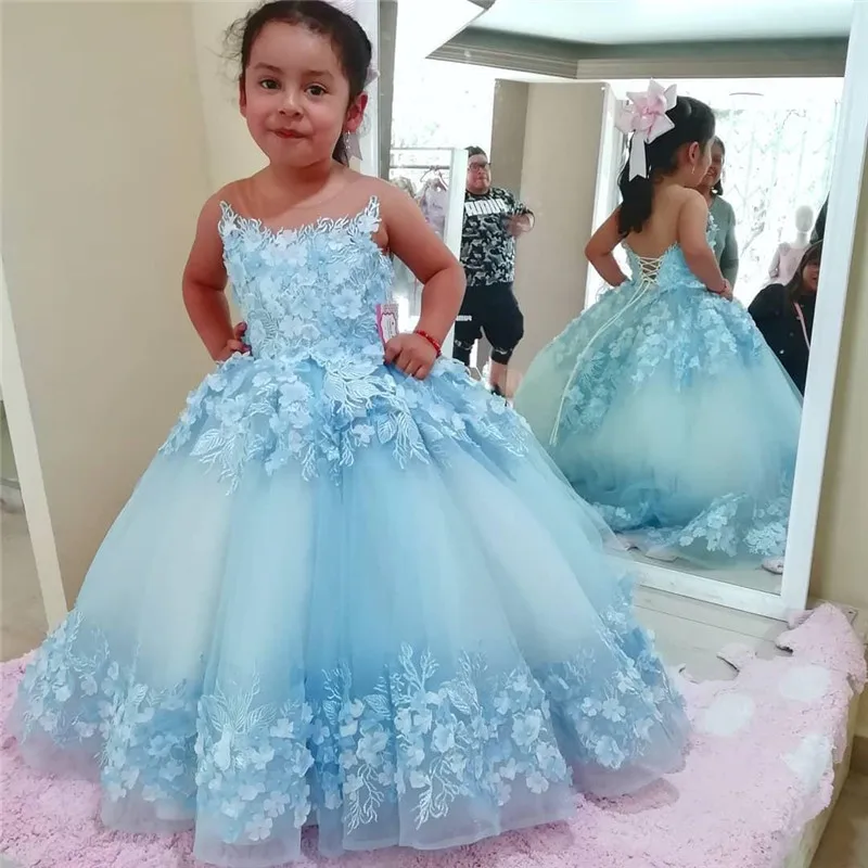 Blue New Baby Girls Dresses for Party 3D Floral Appliques Flower Girl Dresses Sheer Neck Girls Birthday Dresses Pageant Gown