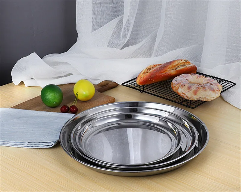 Толстая тарелка из нержавеющей стали круглая большая с плоским дном неглубокая