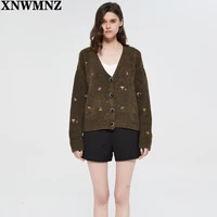 xnwmnz za women vintage knit cardigan with embroidery long sleeves v neck cardigan female elegant sweater autumn coat women 2022