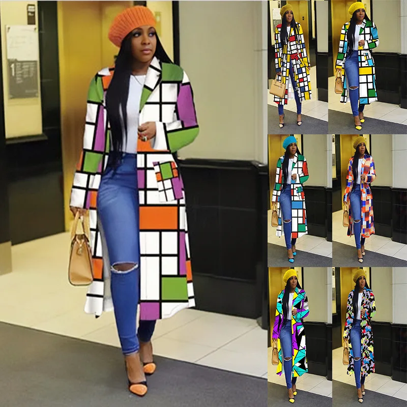

Latest African Clothes For Women Plaid Printing Double-Breasted Lapel Coat Plus Size Nigerian Clothes S-5XL
