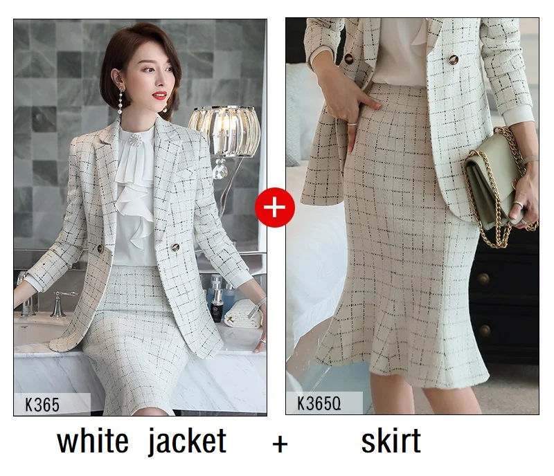 white jacket skirt Женские костюмы Тонкая зимняя клетчатая куртка труба/Русалка юбка комплект из 2 предметов OL формальные женские юбочные костюмы женский комплект костюмы 365 - Цвет: white jacket skirt