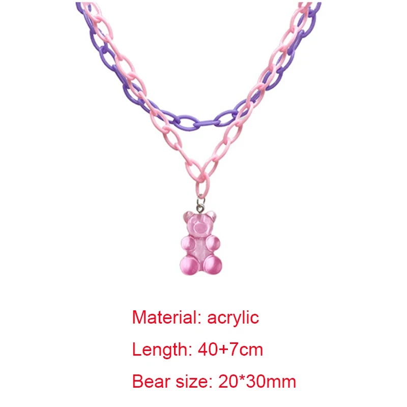 

Harajuku Style Double Layers Acrylic Statement Necklace for Girls Candy Color Bear Pendant Neck Chain Hip Hop Women Jewelry