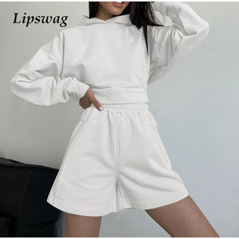 

Женский однотонный спортивный костюм с капюшоном, комплект из 2 предметов, толстовка с длинным рукавом и шорты в стиле кэжуал, спортивные ко...