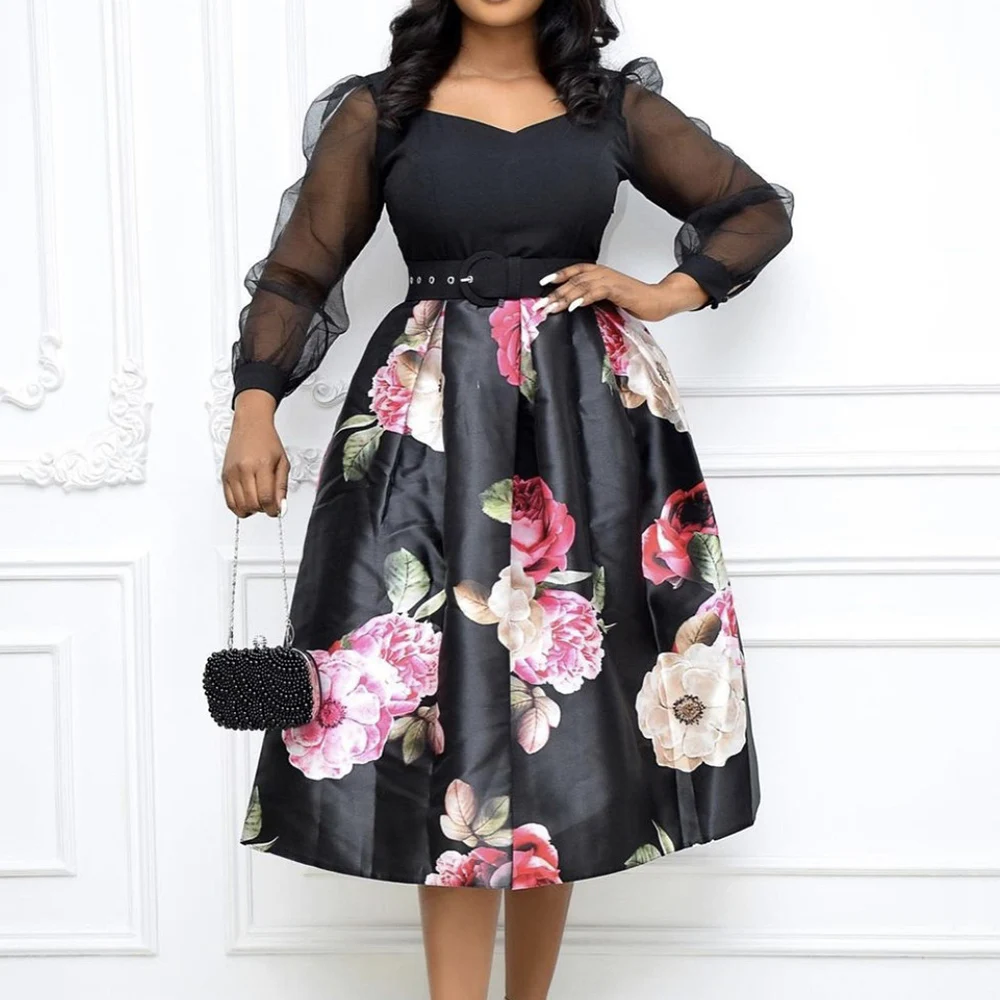 

Elegant Floral Dress Vintage Black Autumn Winter Sexy Mesh Patchwork Long Sleeve Pullover Retro Flower Print African Midi Dress