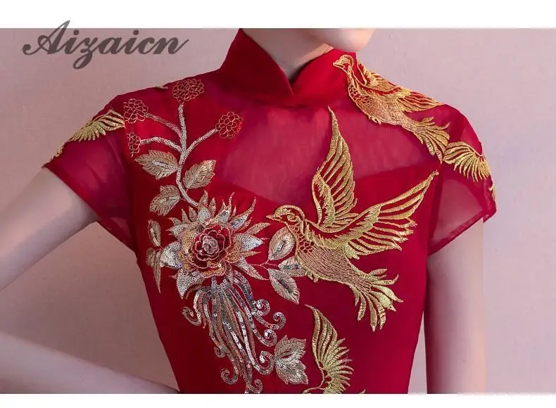 Вышивка Cheongsam длинное традиционное китайское винтажное платье красное свадебное платье Русалка сексуальное платье Ципао с разрезом Современные платья
