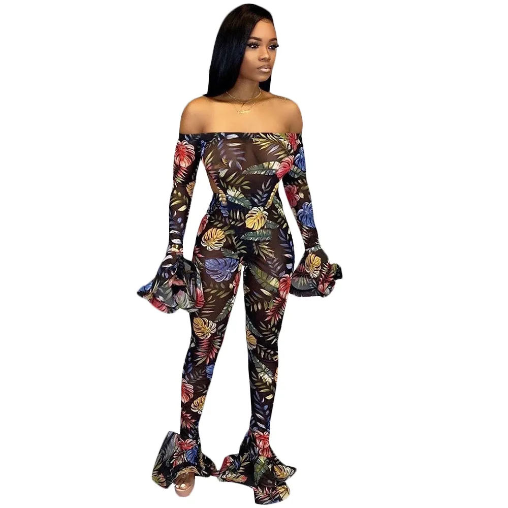 black jumpsuit Adogirl, цветочный принт, с открытыми плечами, длинный, с расклешенными рукавами, комбинезон для женщин, сексуальный, с вырезом лодочкой, Облегающий комбинезон, женская мода, повседневные Комбинезоны - Цвет: black jumpsuit