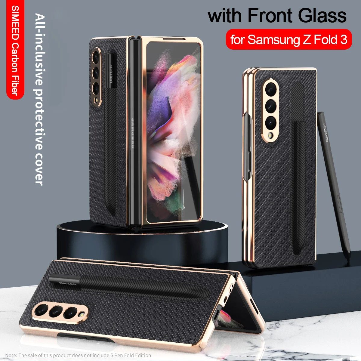 

With Front Glass Pen Holder Slot Case for Samsung Galaxy Z Fold 3 Fold3 5G Case Ultra Thin Carbon Fiber Leather Phone Cover Capa