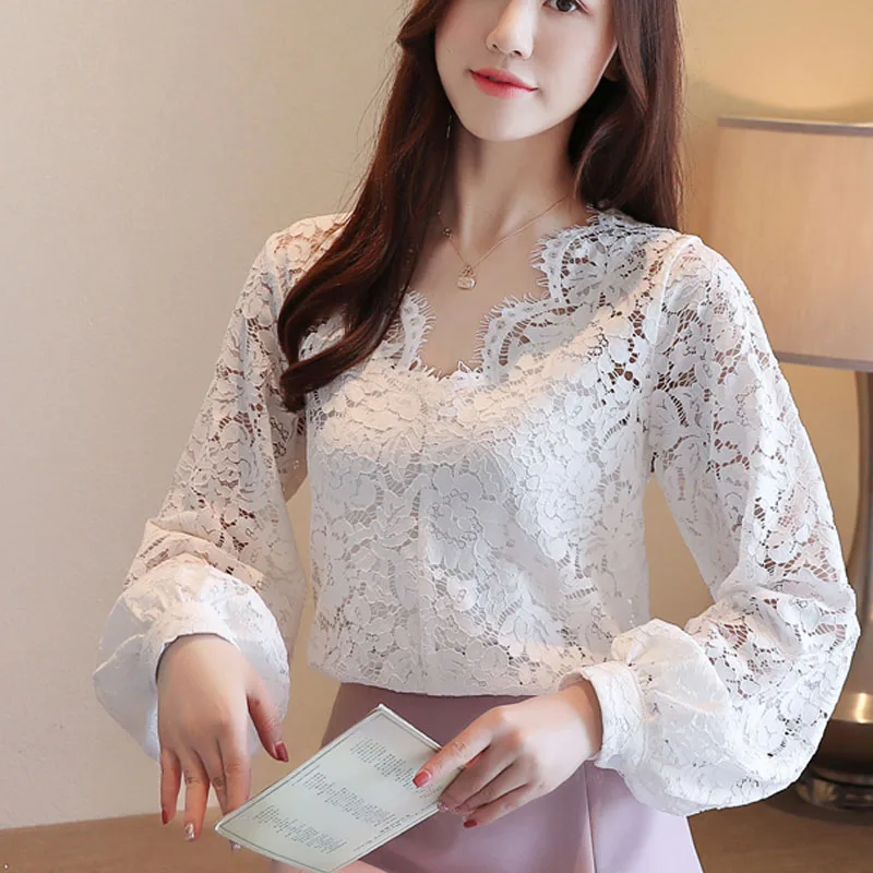Осенняя блузка для женщин 2019 женские топы с длинным рукавом кружевная однотонная