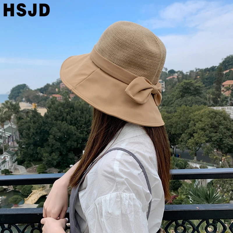 New Spring Summer Women's Sun Hats Lovely Bowknot Floppy Top Bucket Hat Wide Brim Foldable Anti-UV Visor Bonnet Female Cap