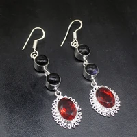 gemstonefactory big promotion 925 silver black sun sitara red garnet women ladies gifts dangle drop earrings 20212379