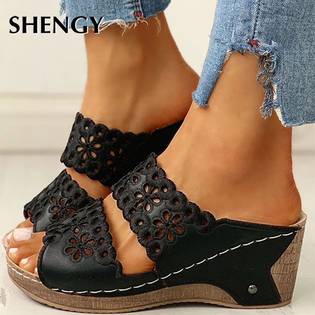 

SHENGY Leisure Comfortable Walking Hollow High Heels Summer Wedges Sandal Women Shoes Woman Office Slippers Dropship