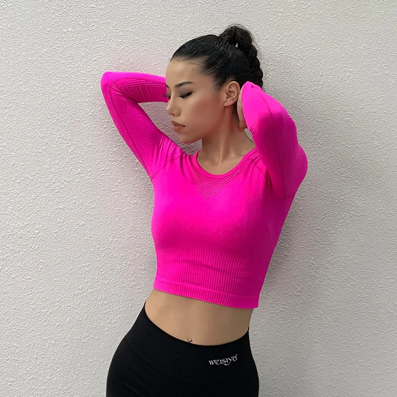 Women Round Neck Long Sleeve Yoga  Shirts  Solid Color Sexy Exposed Navel Fitness Gym Crop Top Quick Dry Running Sportswear