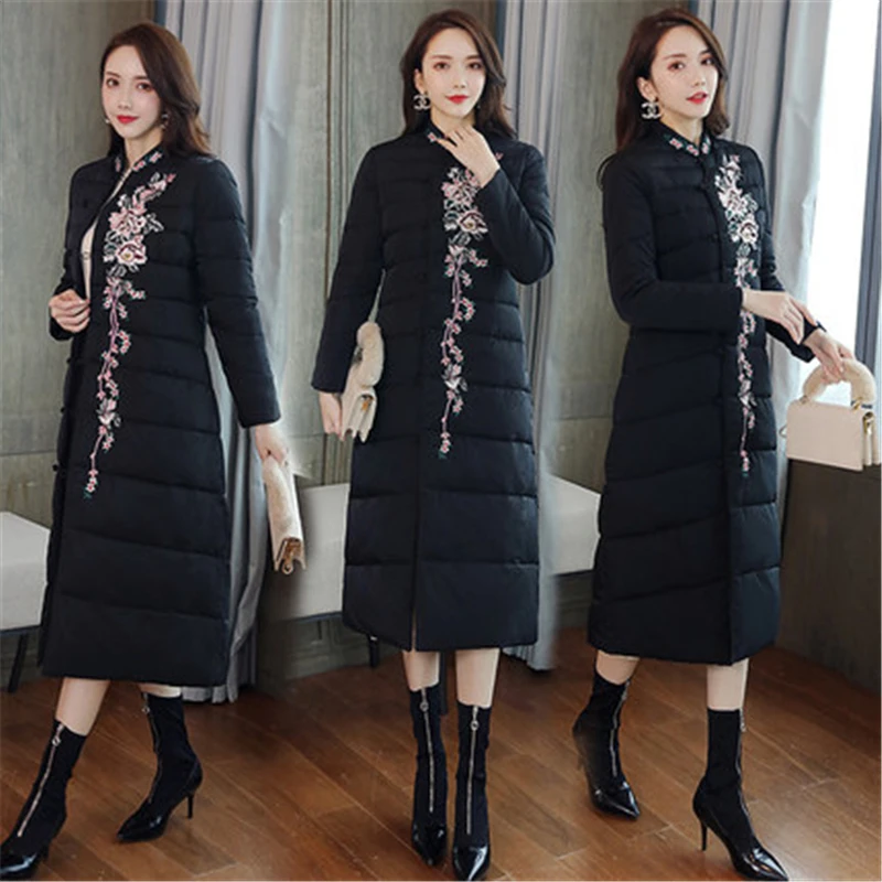 

2020 Winter Women New Coat Retro Cotton Jacket Length over the knee Thick Chinese ethnic embroidery cheongsam Parka Female M320