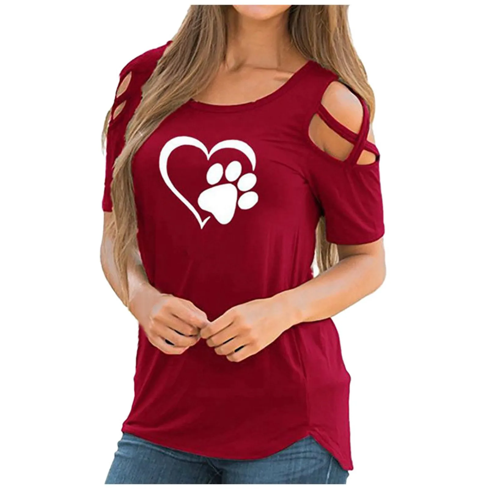

European and American women's clothing gradient color printing love heart tie strapless round neck short-sleeved casual T-shirt