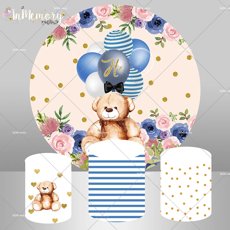 

Крышка для фона на 1-й День рождения мальчика с изображением цветов синих воздушных шаров медведя малыша фото фон золотые точки крышка цилин...