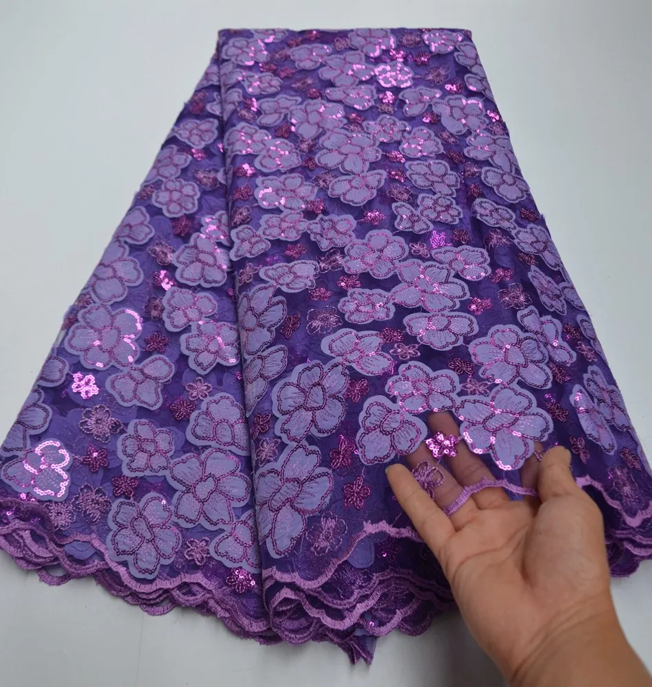 Nigerian Lace Fabrics 5yard Sequins lace fabric net lace fabric 2020 Sequins, Purple lace fabric for haute couture dress TS9220