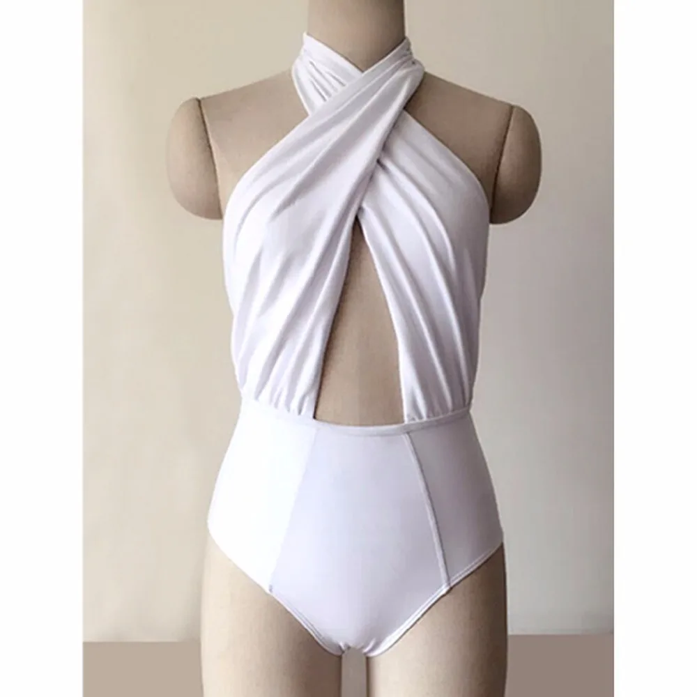 

Black Red Sexy Cross Halter Women Swimwear One Piece Swimsuit Blue White Solid Women Halter Bathing Suits Bandage Beach Wear