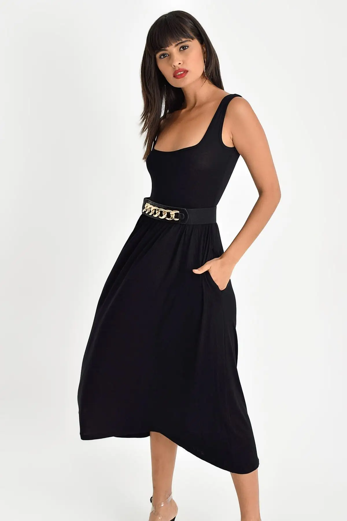 Крутое и сексуальное женское черное платье с квадратным воротником карманами yjing