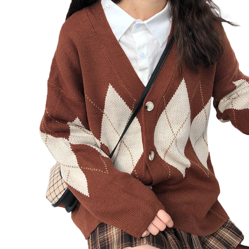 Trytree 2019AW Women Casual Sweater V-Neck Cardigans Single Breasted Computer Knitted Acrylic Long Sleeve Loose Tops |