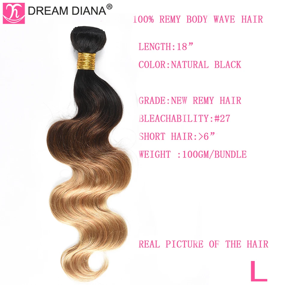 DreamDiana три тона Бразильская волна тела 3 пучка 1B 4 27 1"-26" L Омбре Remy Weave предварительно цветные человеческие волосы для наращивания