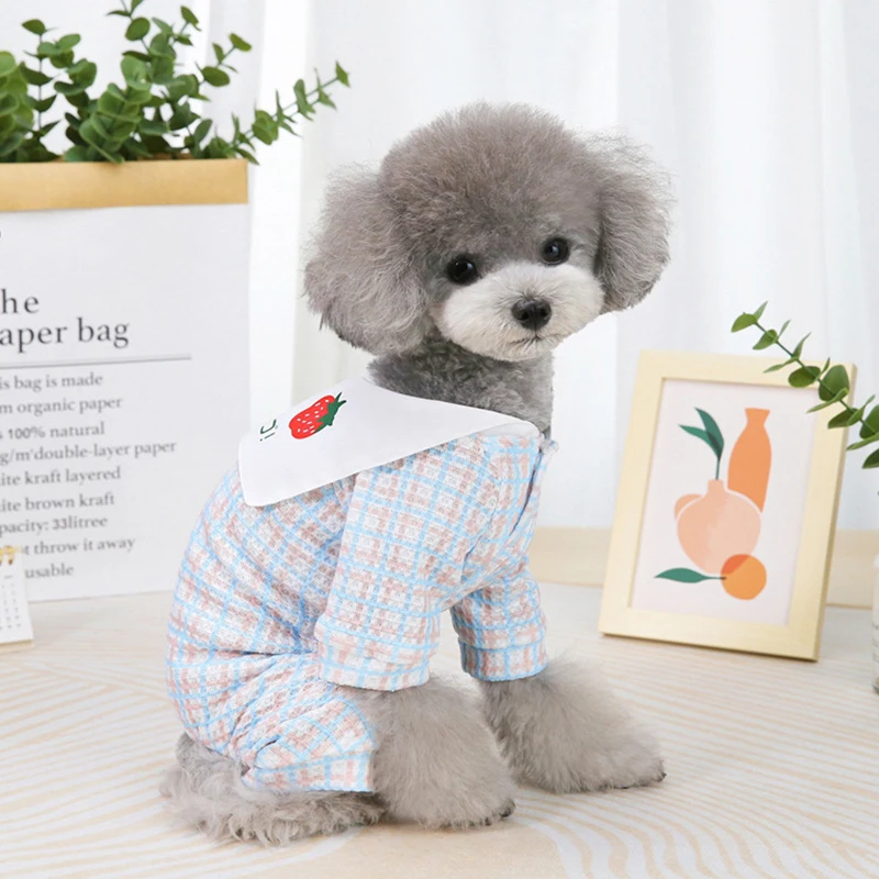 

New Style Pet Clothes Spring Summer Strawberry Print Lattice Breathable Home Clothing Small Medium Dog Cat Four Leg Dog Clothing