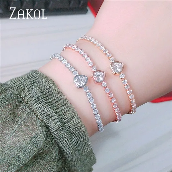 ZAKOL модный браслет с кубическим цирконием для тенниса, регулируемый браслет для женщин, белый круглый кристалл, свадебные ювелирные изделия FSBP144