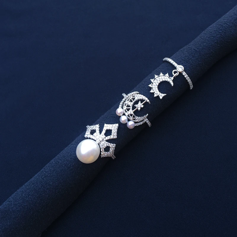 

s925 sterling silver September new diamond moon pendant natural pearl star moon cross ring female light luxury banquet