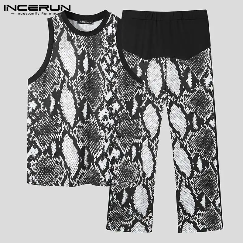 

Костюм-двойка INCERUN мужской с принтом, модный лоскутный Топ без рукавов, с круглым вырезом и брюки, Повседневная Уличная одежда, 2022
